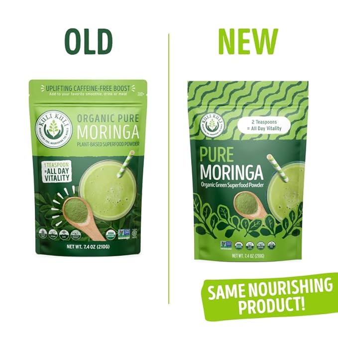 Kuli Kuli Moringa Oleifera Organic Leaf Powder & Green Smoothie, 100% Pure USDA Certified & Non-GMO Moringa Powder, Great with Smoothies, Tea, and Food, 4 Pack
