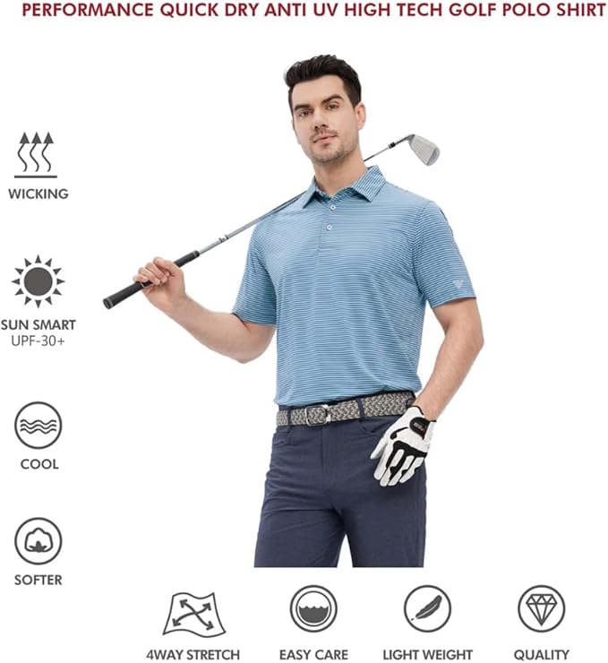 Men's Striped Jersey Golf Polo Shirt Moisture Wicking Performance