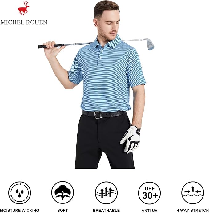 Mens Striped Performance Golf Polo Shirt - Moisture Wicking Dry Fit