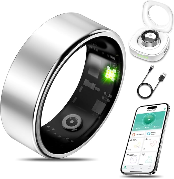 Smart Health Ring for Women Men Fitness Tracker with Heart Rate, Blood Oxygen, Blood Pressure, Sleep Monitoring, Step Counting, IP68 Waterproof for iOS and Android, No Subscription Fee, Silver 7