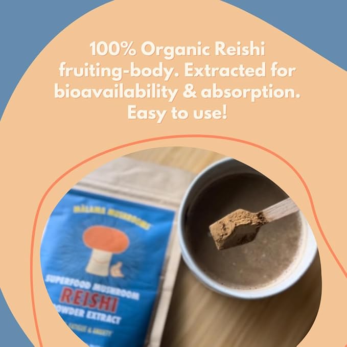 Malama Organic Reishi Mushroom Powder, Pure Fruiting Body Extract, Adaptogenic Superfood for Immune Support and Wellness, 100 Servings