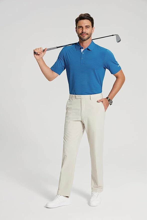 Men's Striped Golf Polo Shirt - Moisture Wicking Performance Sport
