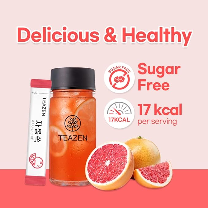 TEAZEN Grapefruit Tea, Sugar Free, Hibiscus and Green Tea, Powdered Mix Beverage from Korea, 10 Sticks, 1.76oz