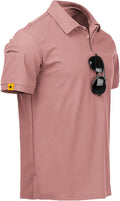 Men wearing a performance tactical golf polo shirt with ring buckle detail and moisture-wicking fabric.