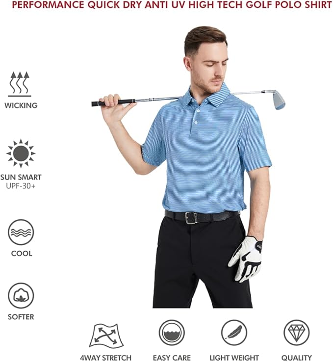 Men's Striped Performance Golf Polo Shirt Moisture Wicking Dry Fit