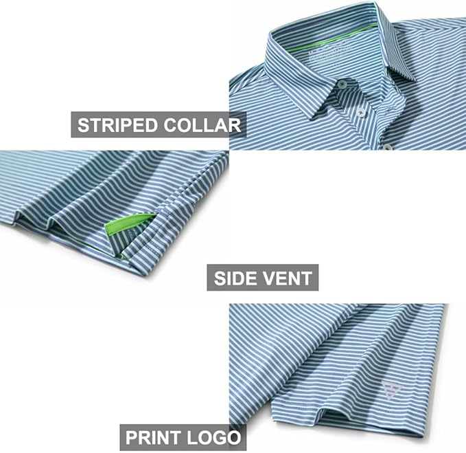 Men's Striped Performance Golf Polo Shirt Moisture Wicking Dry Fit