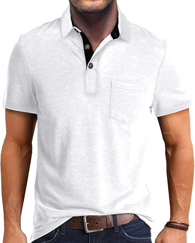 A stylish men's short sleeve cotton polo shirt with a classic lapel collar and button detailing in a solid color.