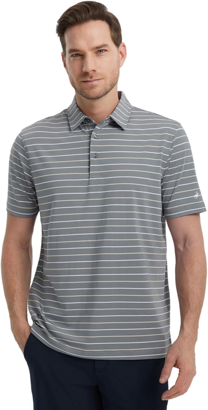 Rouen Mens Golf Shirt Moisture Wicking Dry Fit Performance Stripe Casual Collared Short Sleeve Golf Polo Shirts for Men