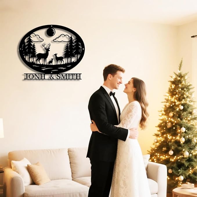 Personalized Forest Deer Metal Name Sign | Custom Metal Signs | Family Wall Art & Split Letter Name | Wedding Gift & Anniversary | Indoor Decor Gift for Women, Men, Wife, Parents, Couple