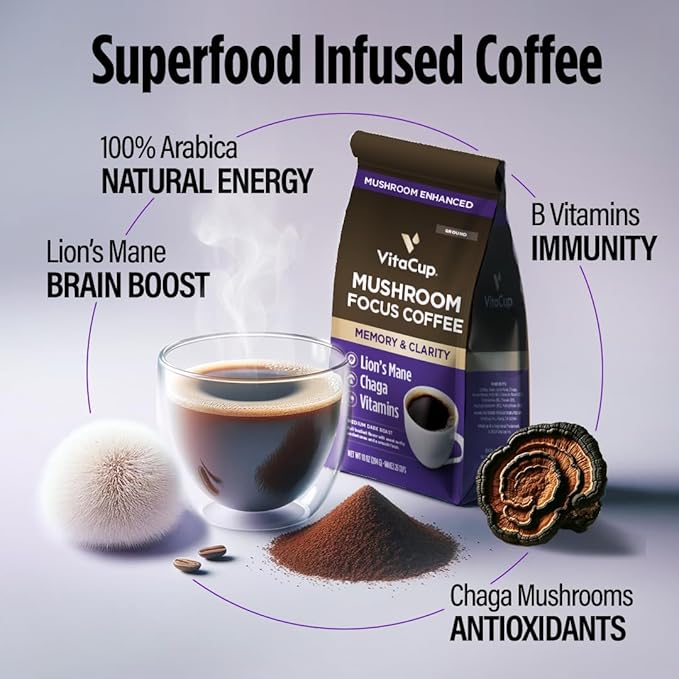 VitaCup Focus Mushroom Coffee Grounds, with Lions Mane, Chaga, B Vitamins, D3, Boost Focus, Immunity, Memory & Clarity, Medium Dark Roast, Bold & Smooth 100% Arabica Specialty, 3 bags, 10oz each