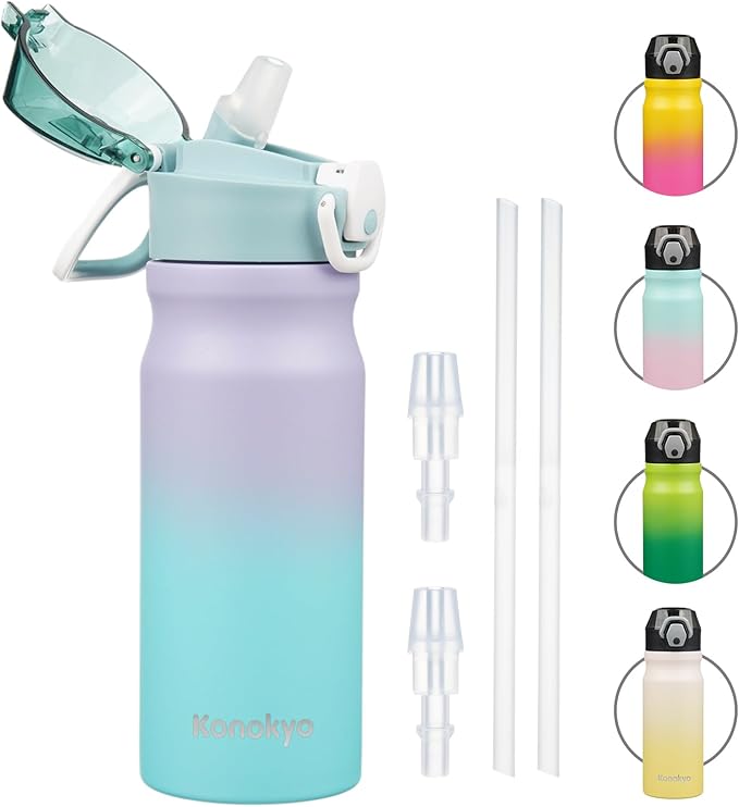 Insulated Water Bottle with Straw and Carry Loop,18 oz Stainless Steel Double Wall Vaccum Metal Water Flask with Leak-proof Lid,Oasis
