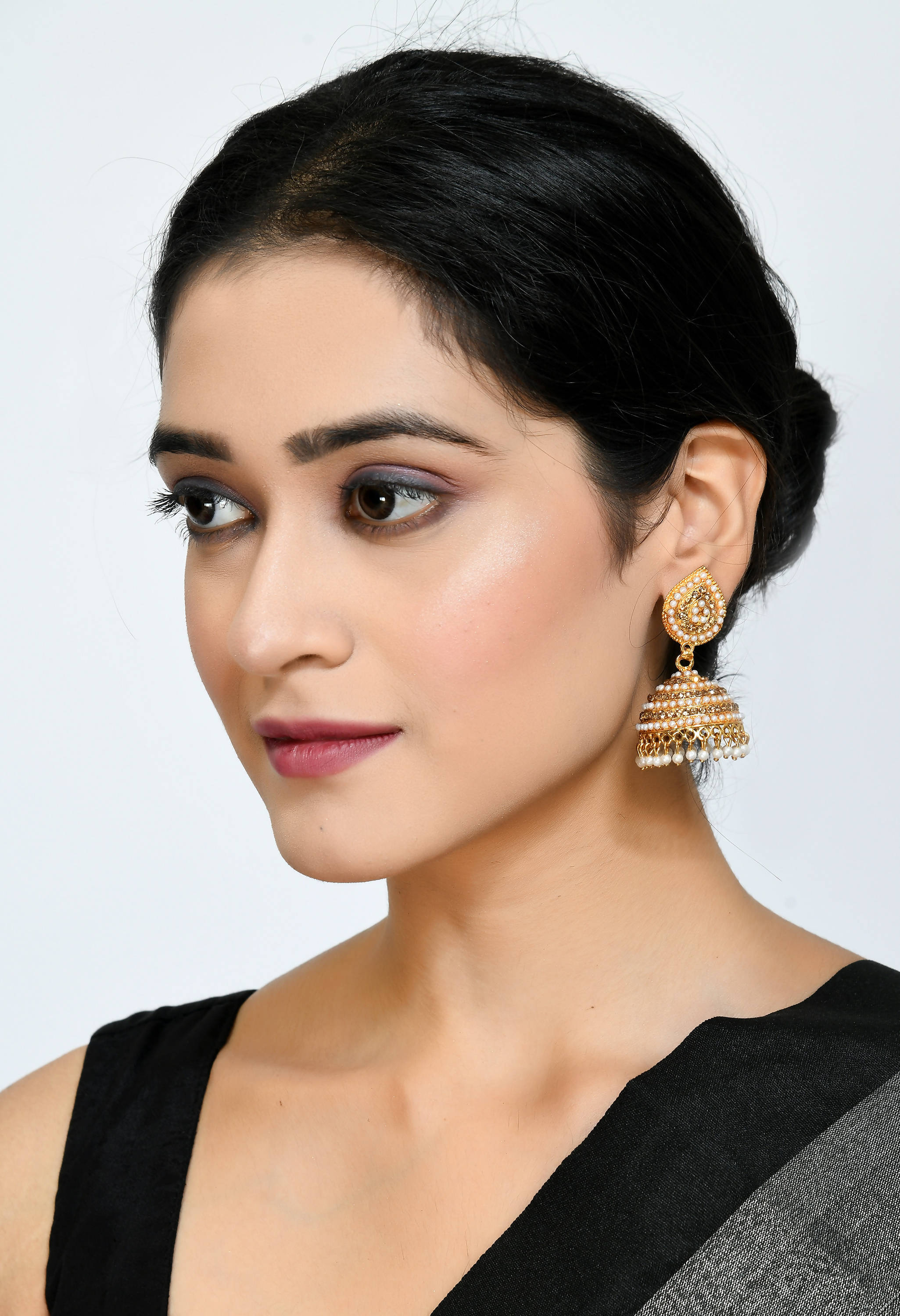Johar Kamal Leaf Design Jhumka Earrings with Stones and Pearls