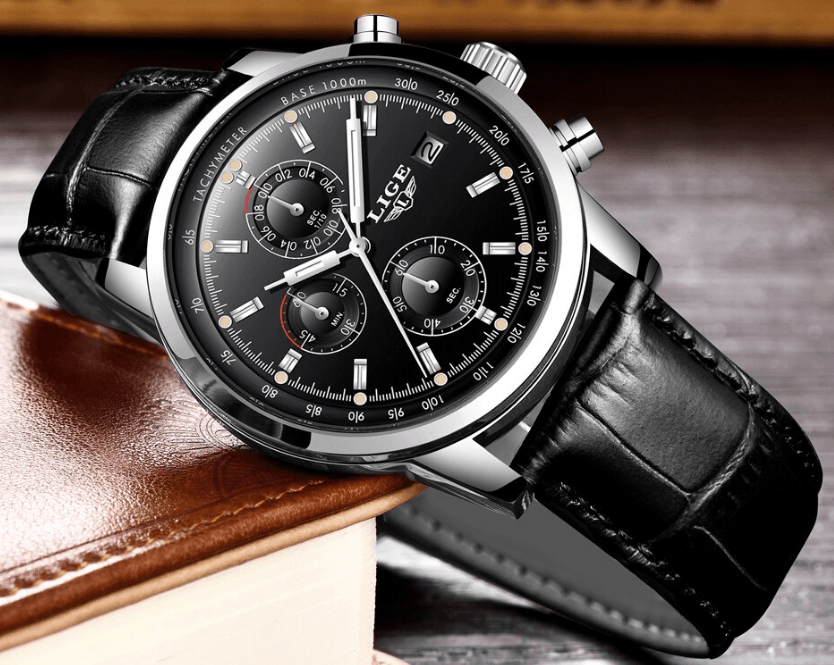 Waterproof Men's Quartz Watch with Chronometers and Brown Strap