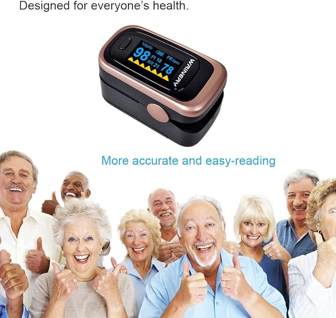 Oxygen Saturation Monitor, Wrinery Premium Pulse Oximeter Fingertip, Oxygen Monitor, O2 Saturation Monitor, OLED Portable Oximetry with Batteries, Lanyard (Rose gold-Royal black)