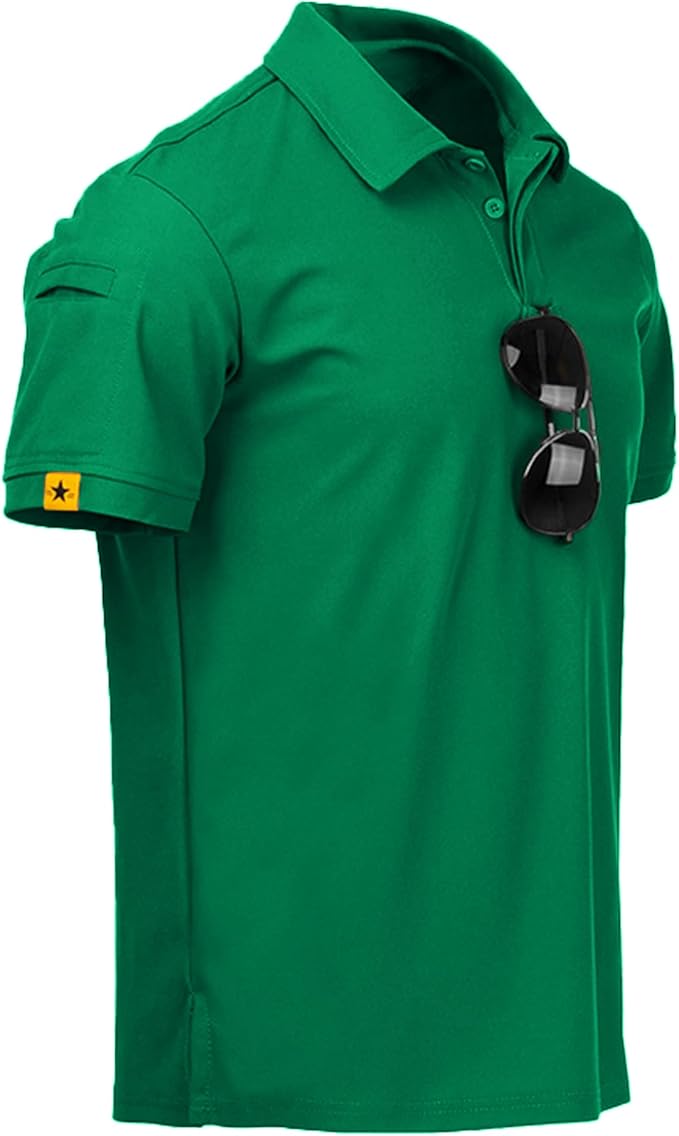 Men wearing a performance tactical golf polo shirt with ring buckle detail and moisture-wicking fabric.