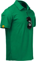 Men wearing a performance tactical golf polo shirt with ring buckle detail and moisture-wicking fabric.