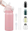 Insulated Water Bottle with Straw and Carry Loop,18 oz Stainless Steel Double Wall Vaccum Metal Water Flask with Leak-proof Lid,Pink