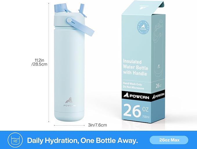 26 oz Insulated Water Bottle with 2-in-1 Straw and Spout Lid, Keep Cold 24H, Leak-Proof, Fits in Car Cup Holder, Stainless Steel Water Bottle for Sports, Travel, Gym, and School (Tidal Echo)