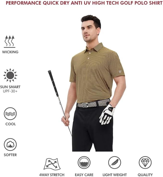 Men's Striped Jersey Golf Polo Shirt Moisture Wicking Performance
