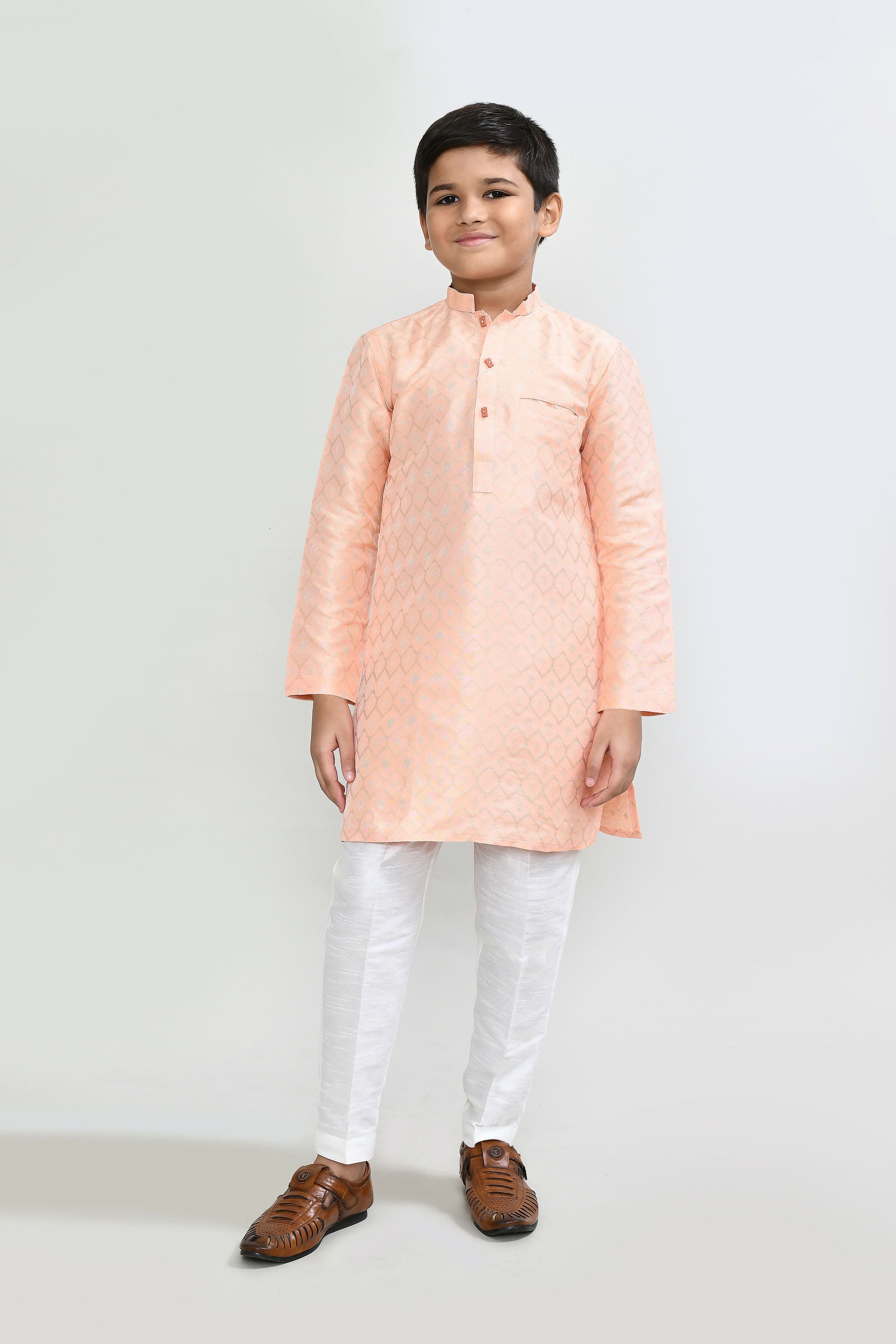 Peach cotton silk kurta with white straight fit pants