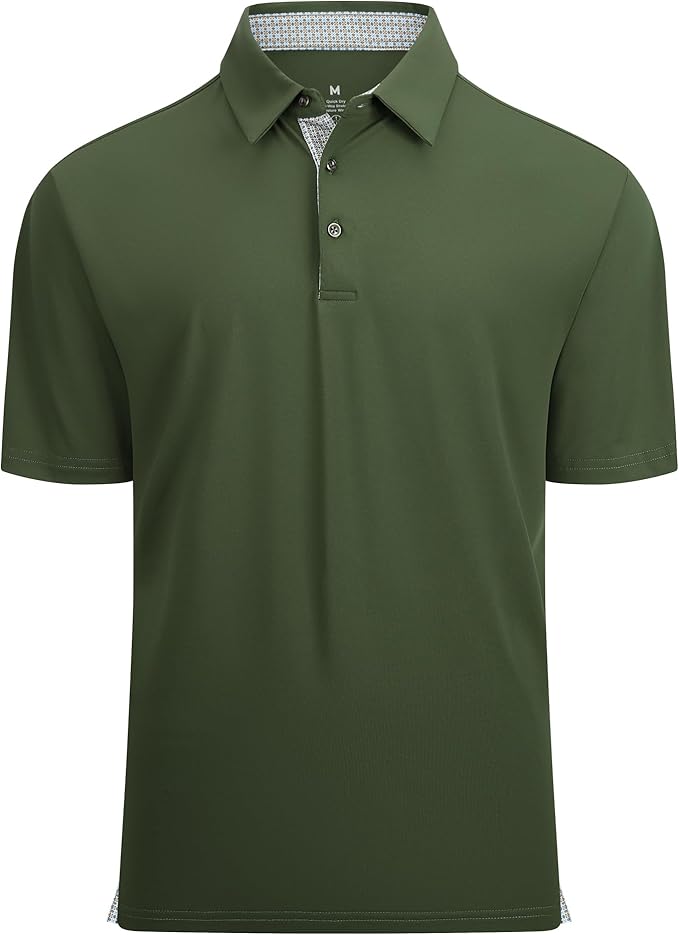 Close up of a men's performance golf polo with moisture-wicking fabric and inner collar trim detail.