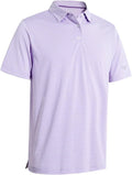 Close up of men's striped performance golf polo shirt featuring breathable jersey fabric