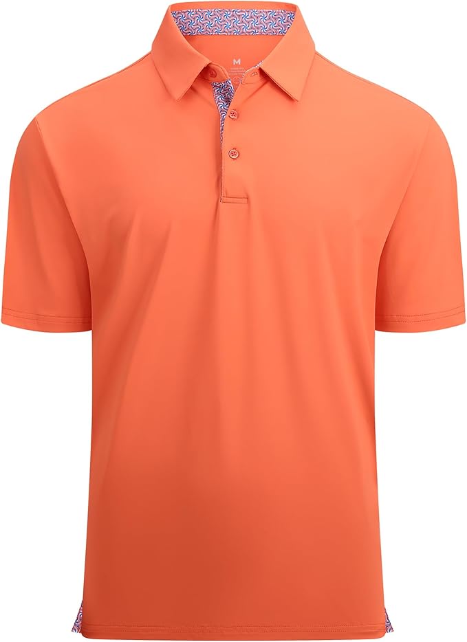 Close up of a men's performance golf polo with moisture-wicking fabric and inner collar trim detail.