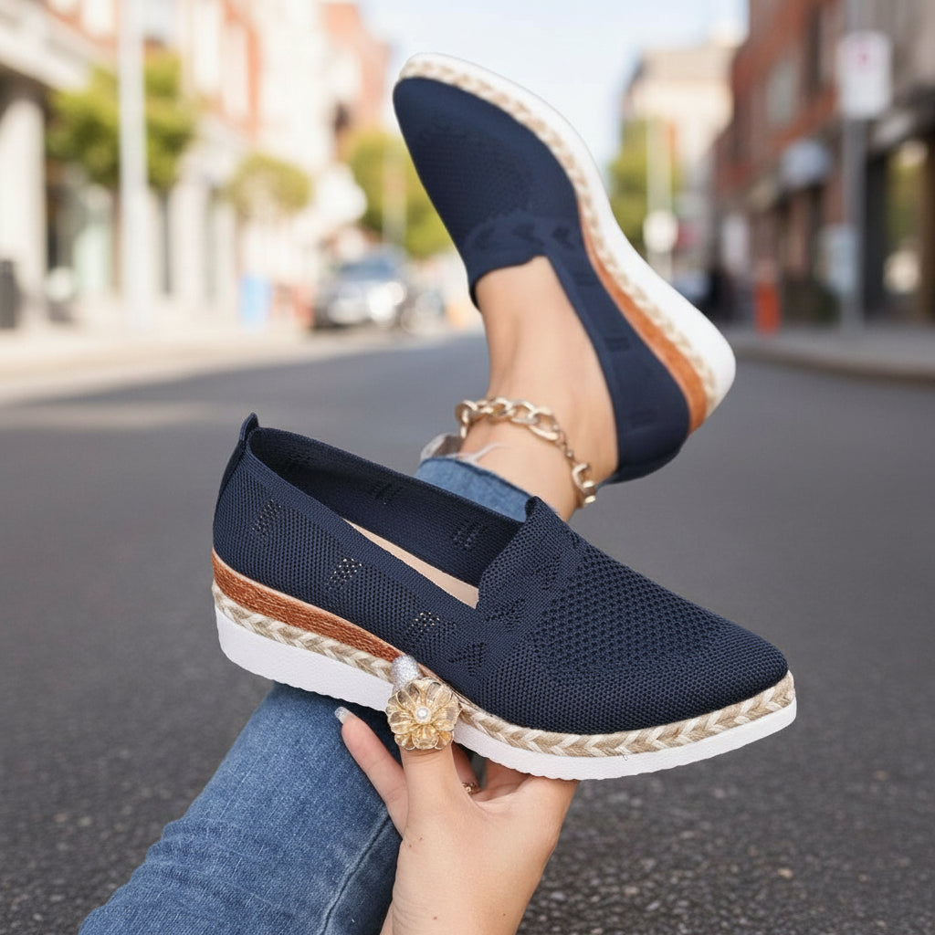 Women's Navy Knit Platform Slip-On Loafers with Espadrille Sole - Image 2