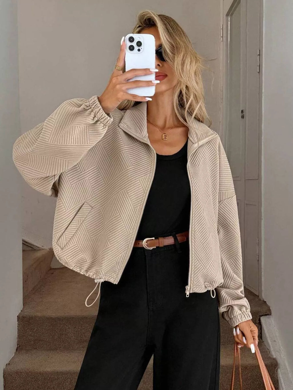 Drawstring Hem Textured Long Sleeve Jacket