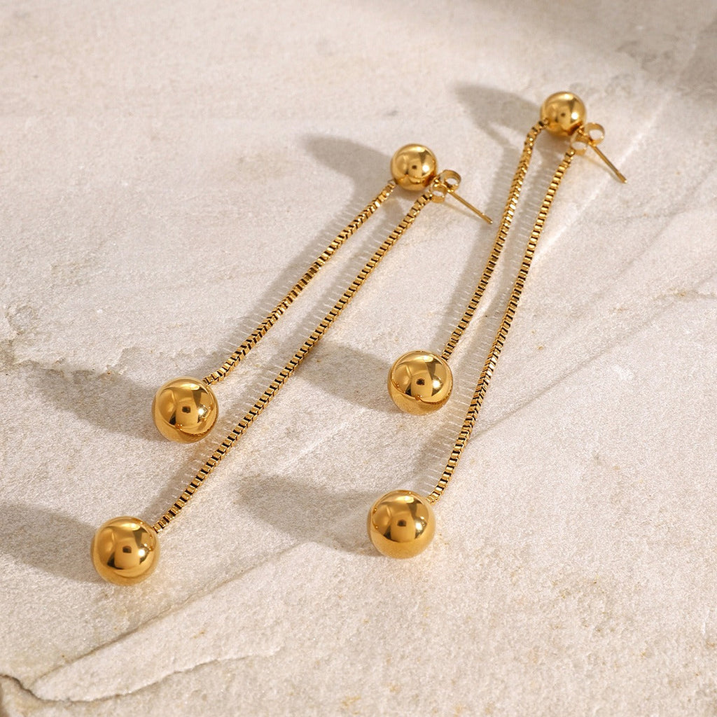 18K Gold Round Bead Tassel Drop Earrings, Lightweight Luxury