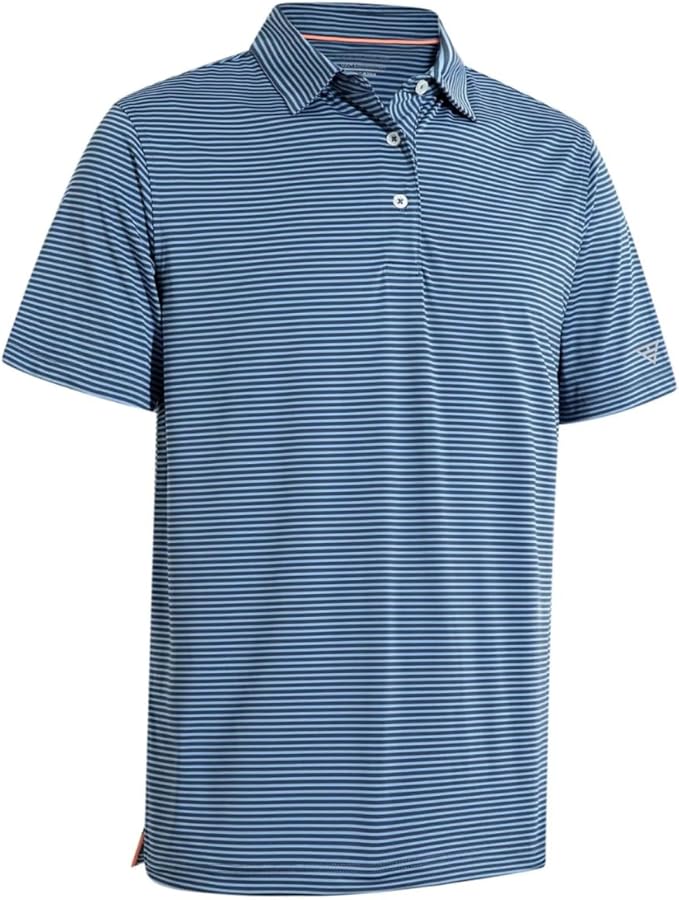 Men's striped jersey performance golf polo, featuring a comfortable and breathable fit.
