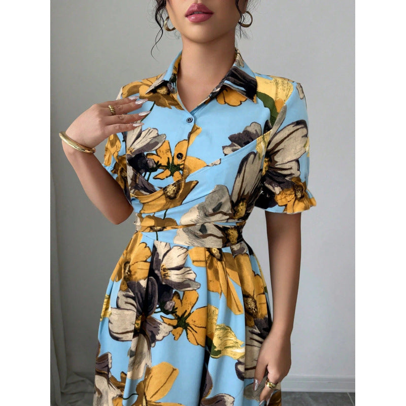 Women’s Printed Puff Sleeve Midi Dress with Cross-Tie Waist - Image 7