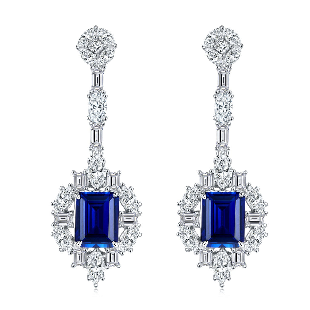 S925 Silver 8.7g Lab-Created Sapphire Drop Earrings, 5.55ct 9x7mm Emerald Cut, Pair