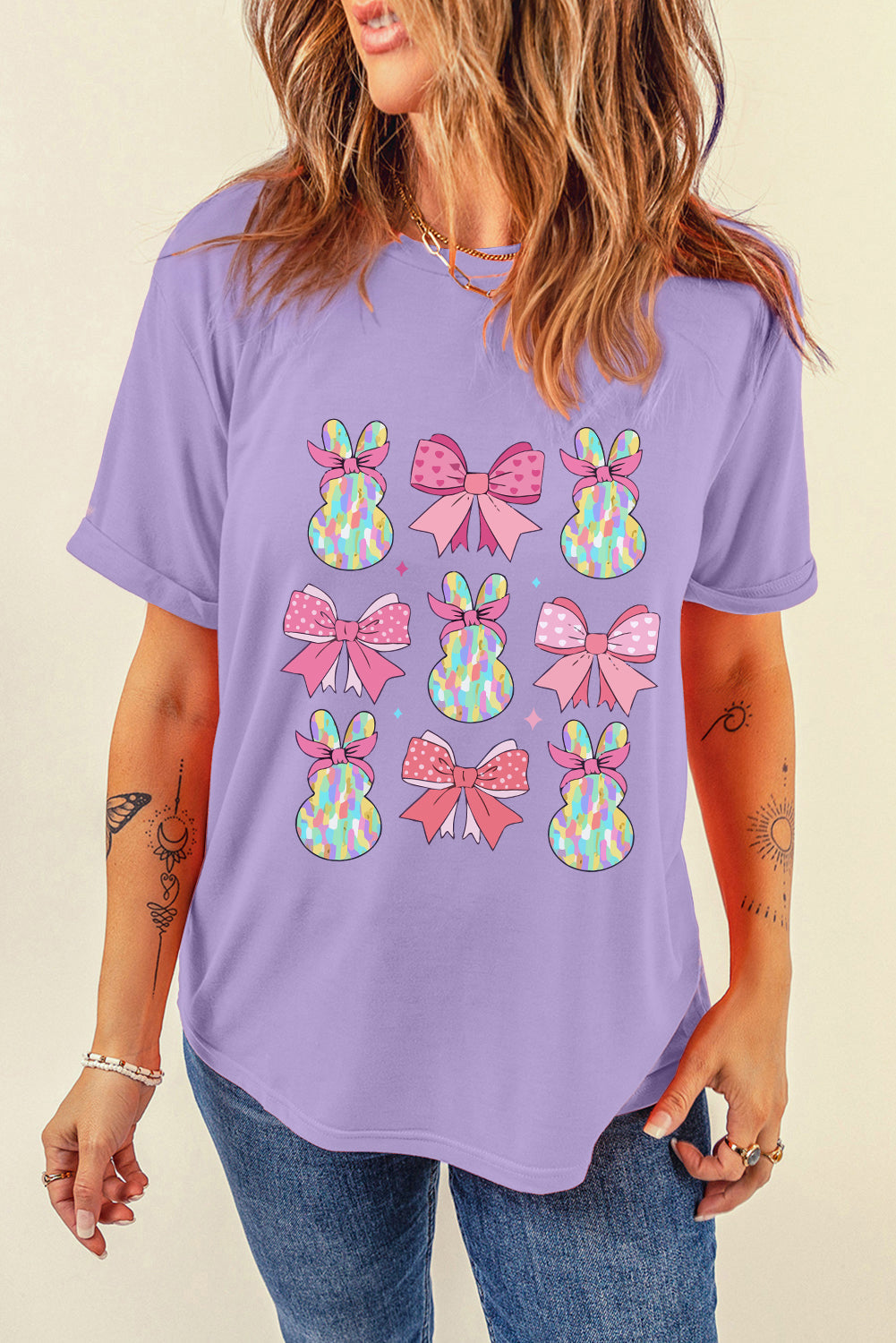 Wisteria Dotty Bowknot Bunny Graphic Easter T-Shirt