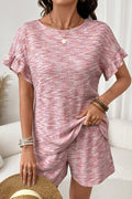 Light Pink Heather Ruffle Sleeve Top & Drawstring Shorts Set