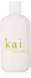 Minimalist white 12oz bottle of kai bathing bubbles with light green text