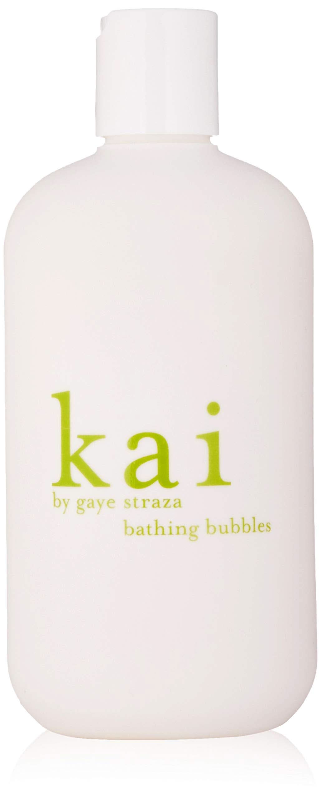 Minimalist white 12oz bottle of kai bathing bubbles with light green text