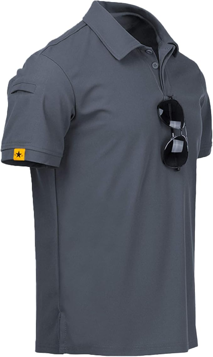 Men wearing a performance tactical golf polo shirt with ring buckle detail and moisture-wicking fabric.