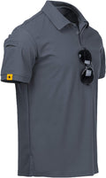 Men wearing a performance tactical golf polo shirt with ring buckle detail and moisture-wicking fabric.
