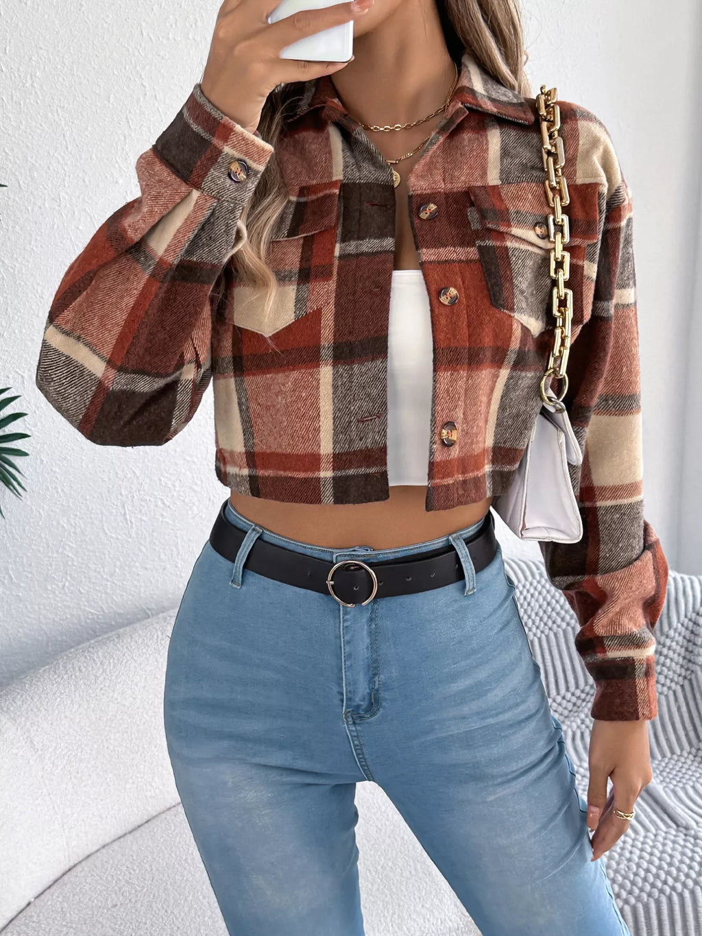 Plaid Button Up Cropped Jacket