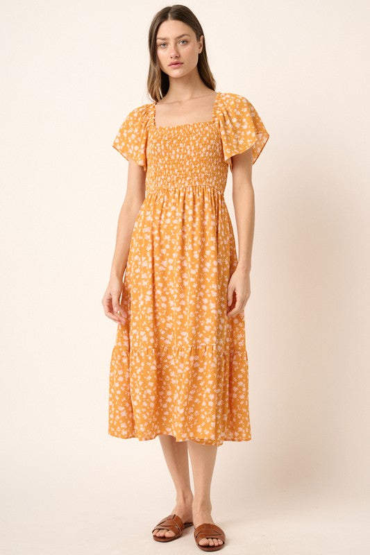 Flower Print Flutter Sleeve Smocked Midi Dress