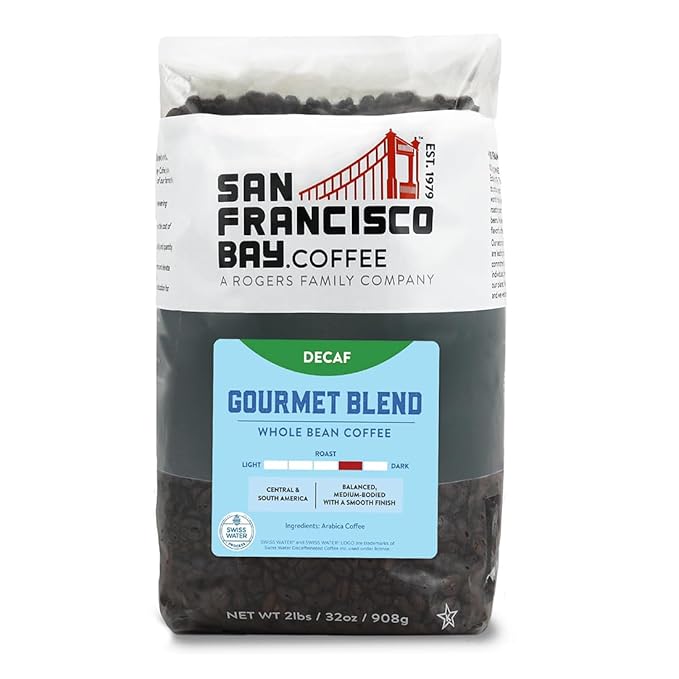 San Francisco Bay Coffee - Decaf Medium-Dark Roast Whole Bean Coffee - Decaf Gourmet Blend (2 lb bag) - Swiss Water Processed