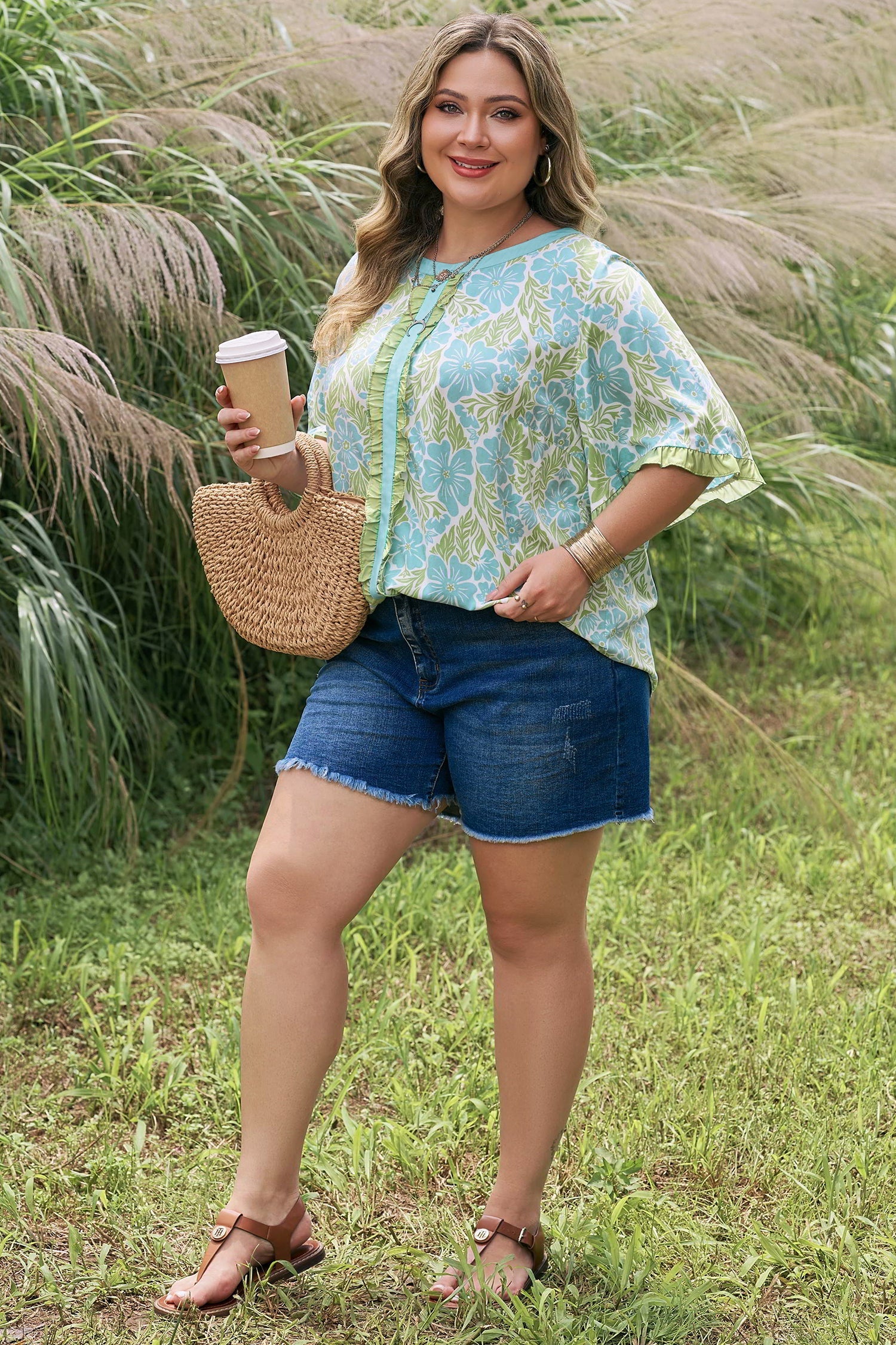 Elina Floral Short Sleeve Blouse with Ruffled Trim and Color Block