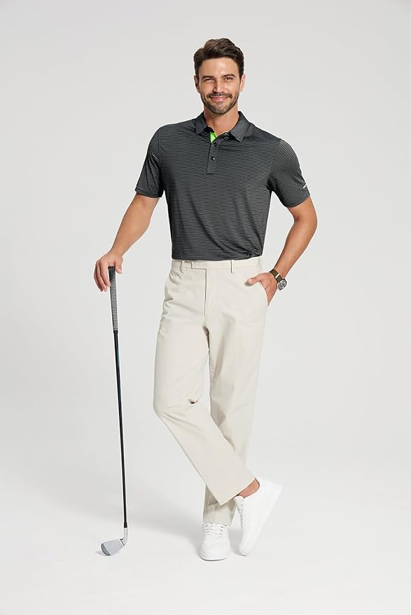 Mens Striped Moisture Wicking Golf Polo Shirt Short Sleeve Sport