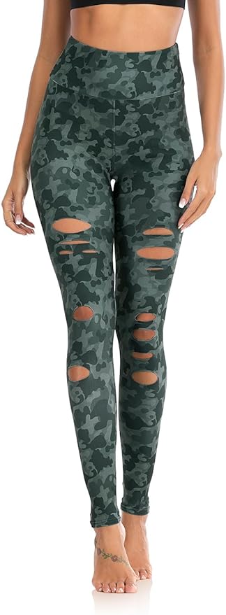 DIBAOLONG Womens High Waist Yoga Pants Cutout Ripped Tummy Control Workout Running Yoga Skinny Leggings