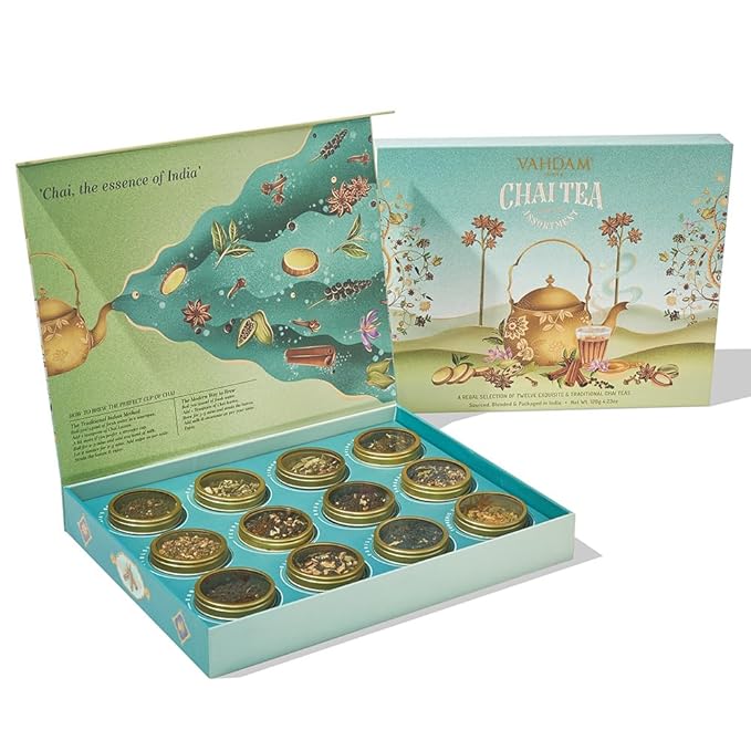 VAHDAM, Chai Tea Gift Set (12 varieties) Chai Loose Leaf Tea in Tin Caddy Gift Box | Exotic Chai Tea Blends | Gluten Free, Non GMO | Gifts for Men and Women | Gifts for Him/Her