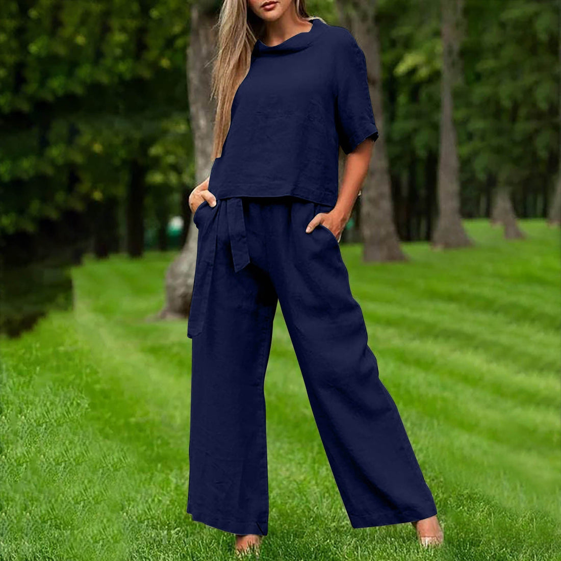 Women's Round Neck 3/4 Sleeve Top and Wide Leg Pant Set - Image 10