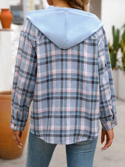 Women's Plaid Button-Down Hooded Jacket Cotton-Blend Shacket