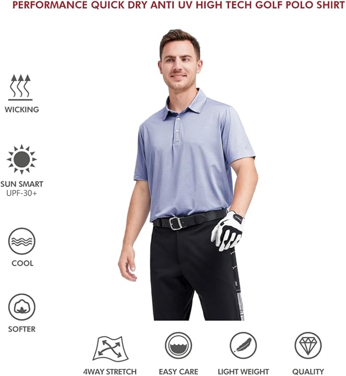 Men's Striped Performance Golf Polo Shirt Moisture Wicking Dry Fit