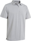 Men wearing a grey and white horizontal striped short sleeve performance golf polo with button closure.